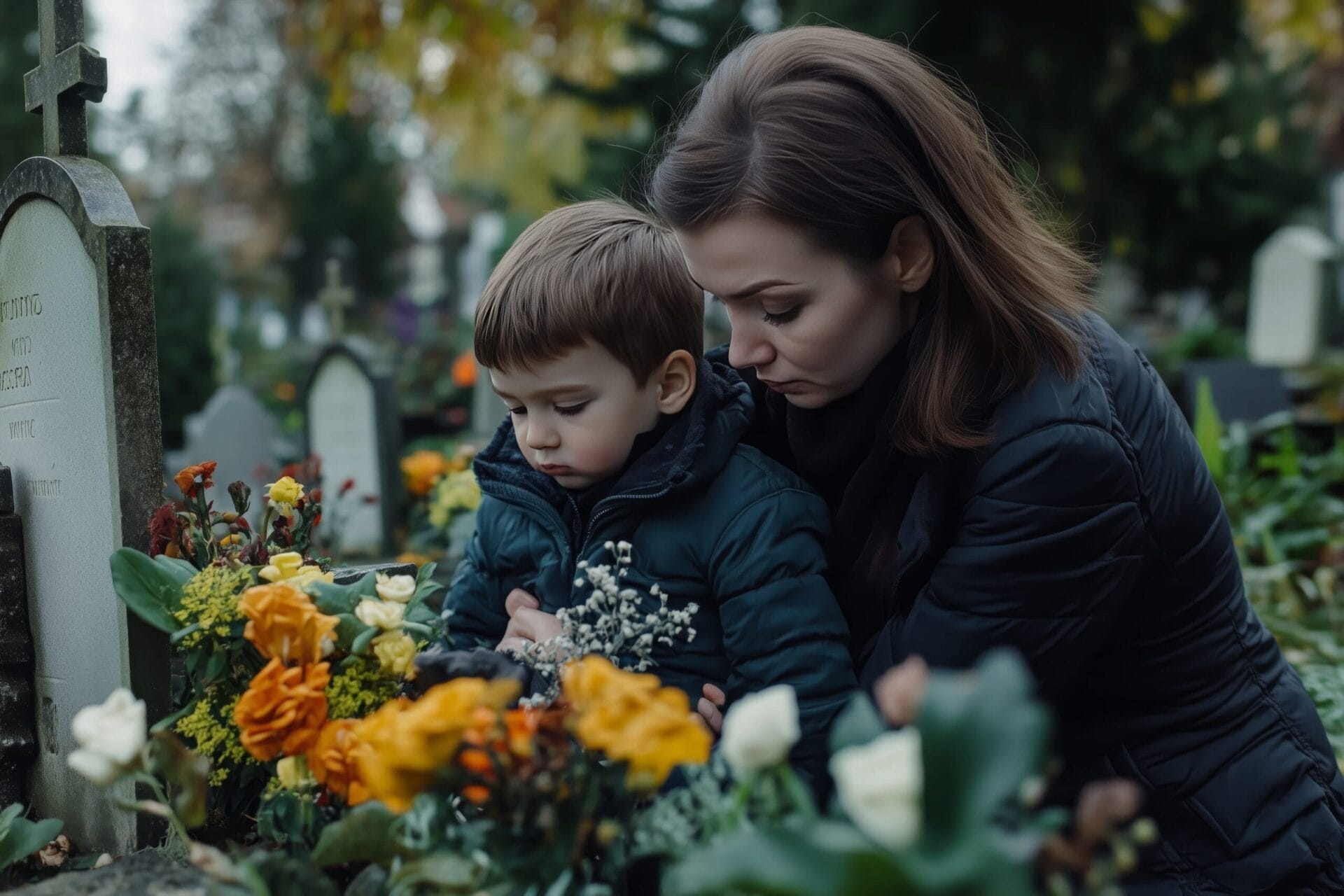 Mother and child mourning at a grave with flowers.