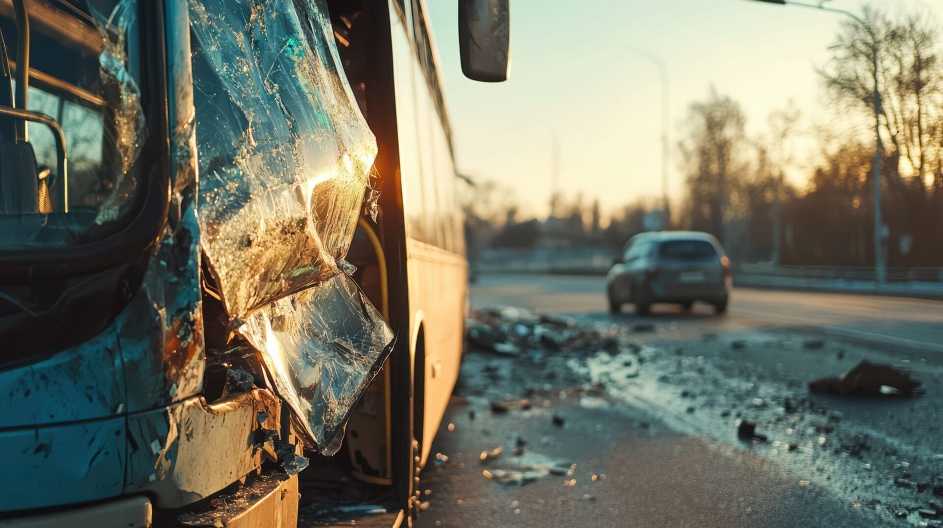 Damaged bus after accident on city street