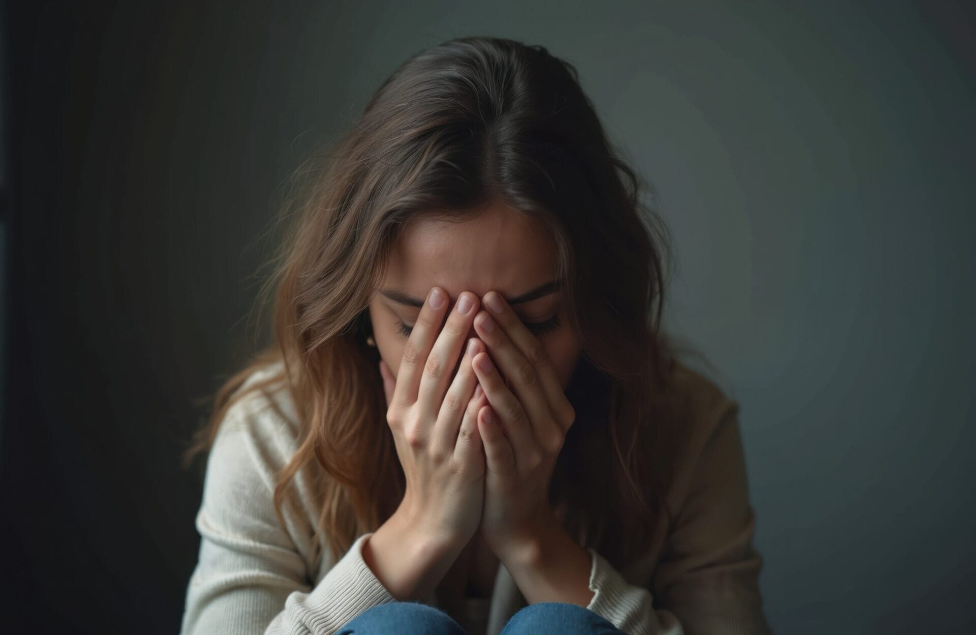 Young woman sits sadly covering face with hands. Looks distressed, hopeless.