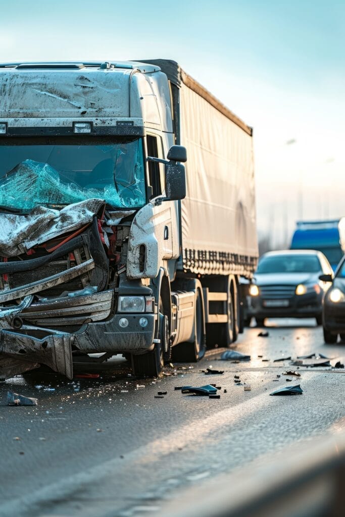 Damaged truck after highway collision.