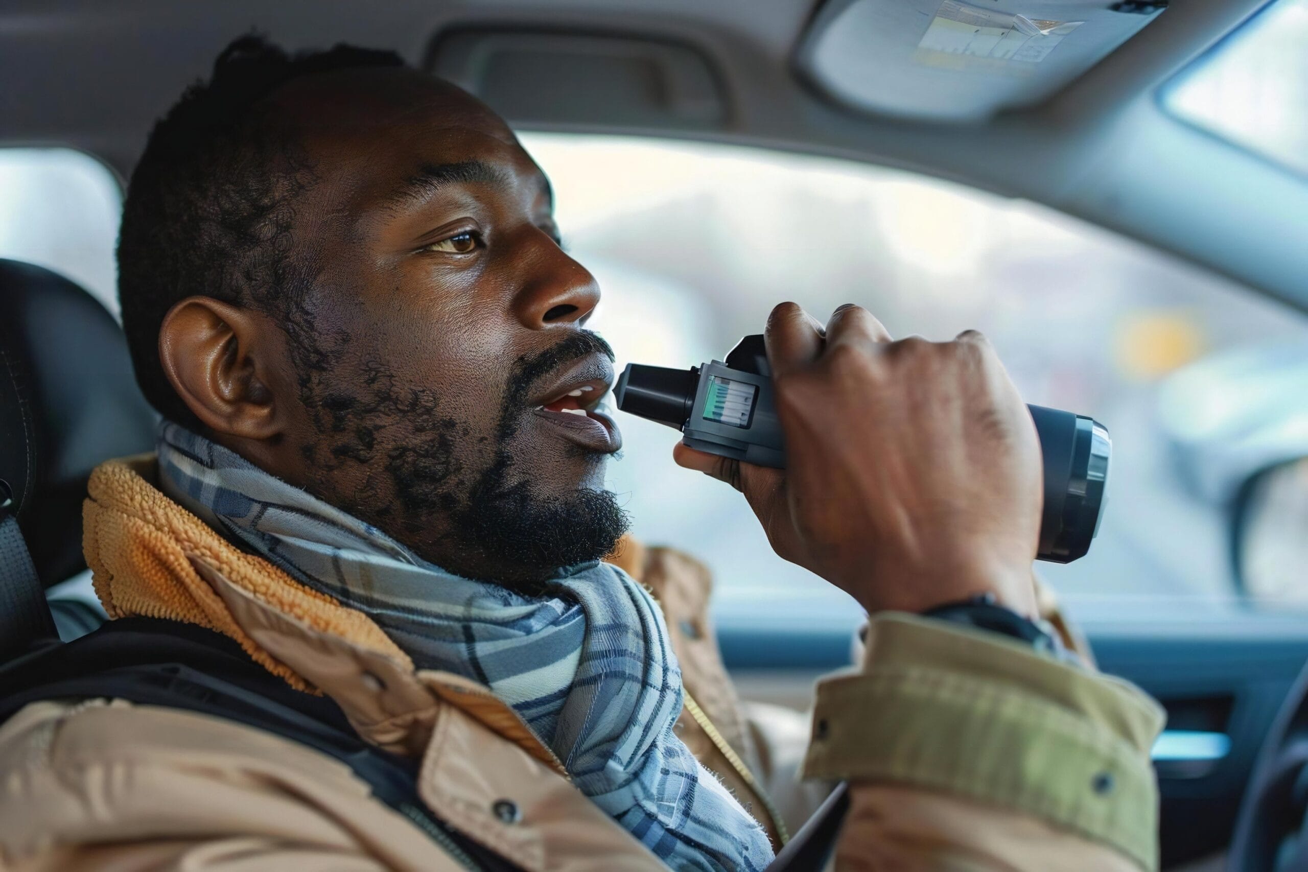 Man taking alcohol breath test with breathalyzer analyzer